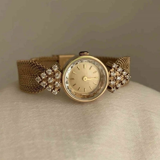 Woven Strap Retro Court Style Retro Gold, Round Small Watch For Women